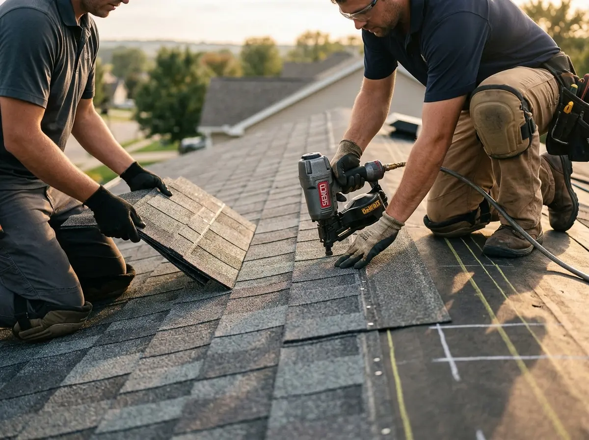 Professional roofer working on a residential roof in Old Tappan